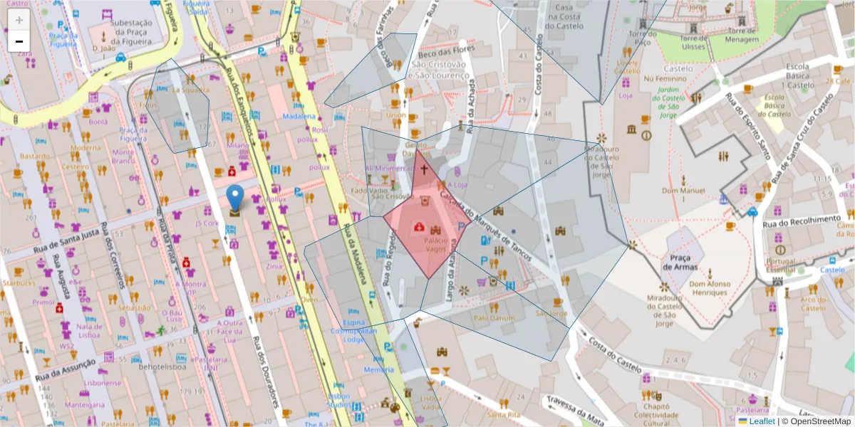 Mapa detalhado do código postal 1100-513 com limites, códigos postais vizinhos e agências dos correios