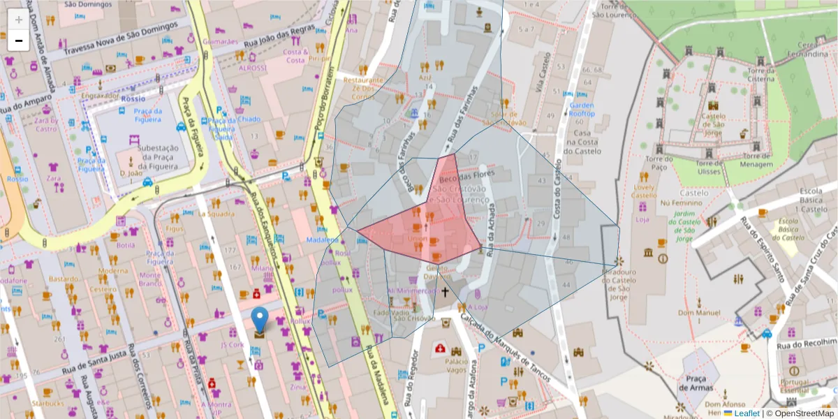 Mapa detalhado do código postal 1100-515 com limites, códigos postais vizinhos e agências dos correios