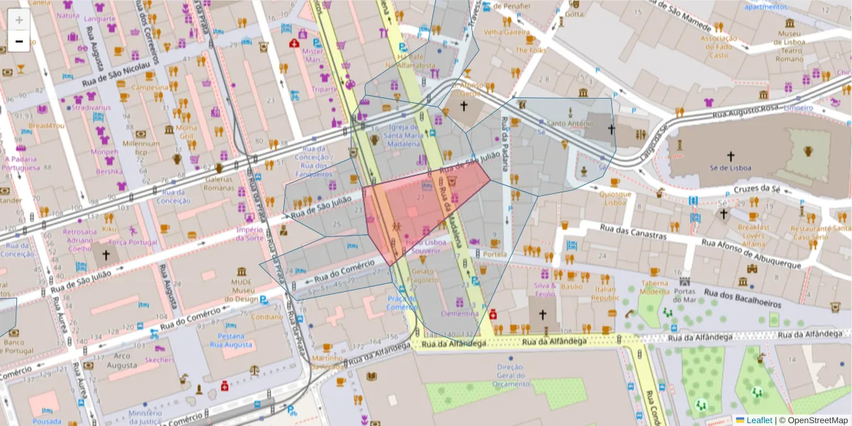 Mapa detalhado do código postal 1100-524 com limites, códigos postais vizinhos e agências dos correios