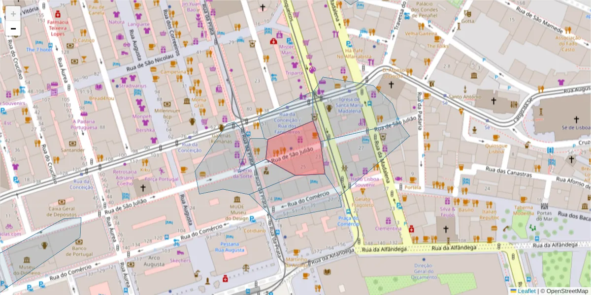 Mapa detalhado do código postal 1100-525 com limites, códigos postais vizinhos e agências dos correios