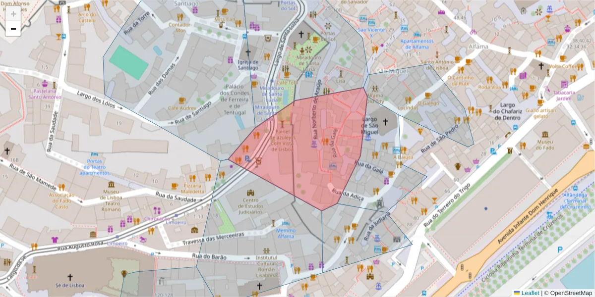 Mapa detalhado do código postal 1100-538 com limites, códigos postais vizinhos e agências dos correios