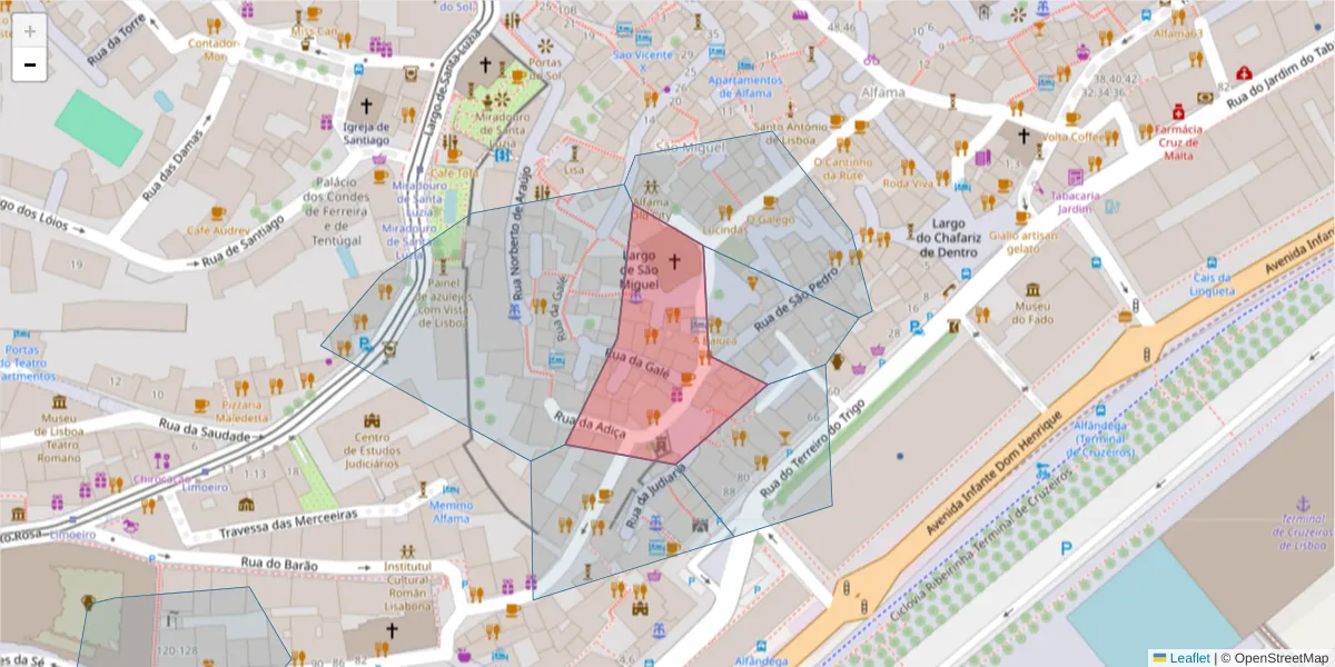 Mapa detalhado do código postal 1100-542 com limites, códigos postais vizinhos e agências dos correios