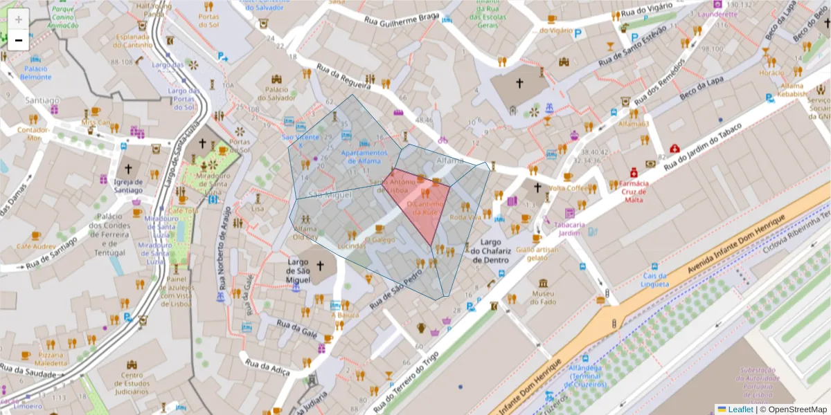 Mapa detalhado do código postal 1100-543 com limites, códigos postais vizinhos e agências dos correios