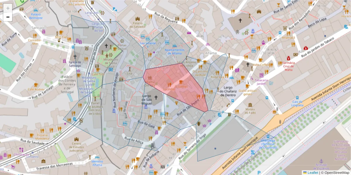 Mapa detalhado do código postal 1100-545 com limites, códigos postais vizinhos e agências dos correios