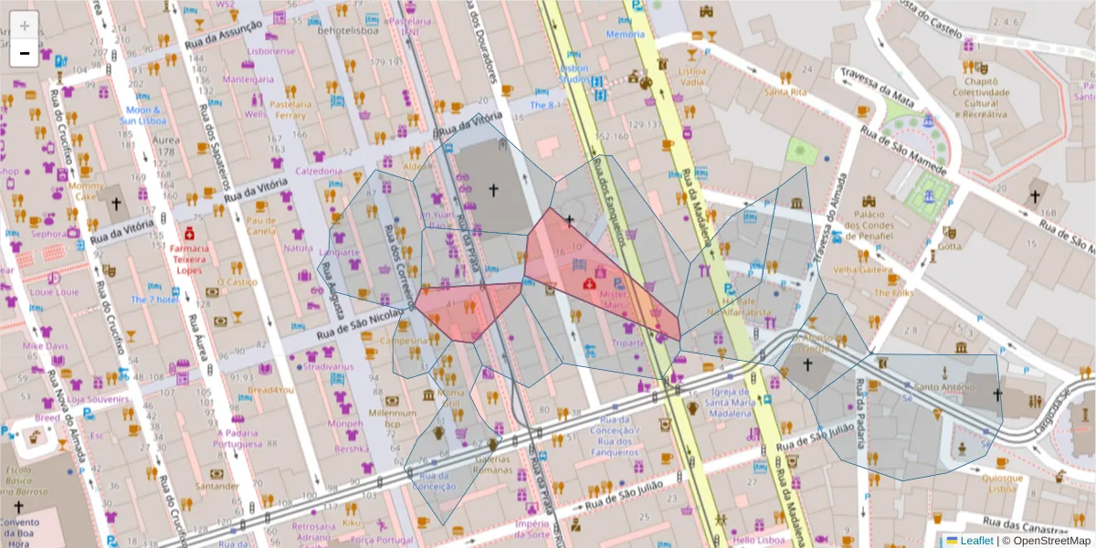 Mapa detalhado do código postal 1100-547 com limites, códigos postais vizinhos e agências dos correios