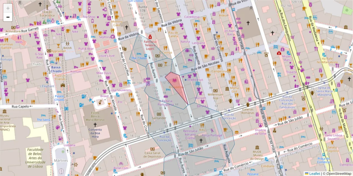 Mapa detalhado do código postal 1100-576 com limites, códigos postais vizinhos e agências dos correios