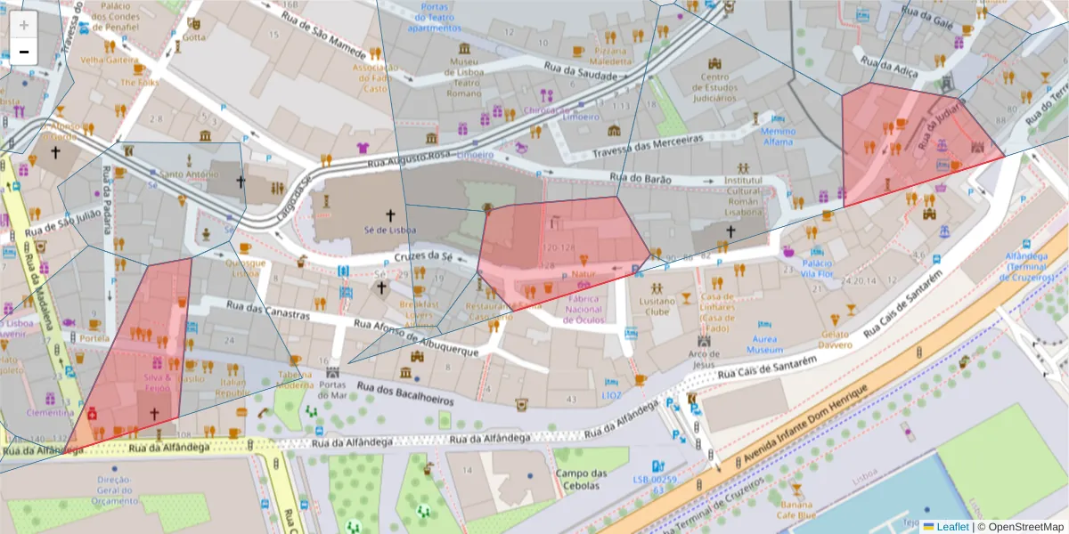 Mapa detalhado do código postal 1100-585 com limites, códigos postais vizinhos e agências dos correios