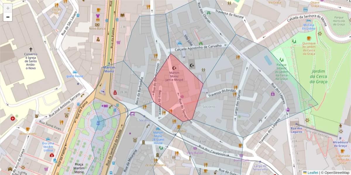 Mapa detalhado do código postal 1100-599 com limites, códigos postais vizinhos e agências dos correios