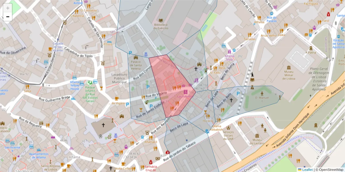 Mapa detalhado do código postal 1100-615 com limites, códigos postais vizinhos e agências dos correios
