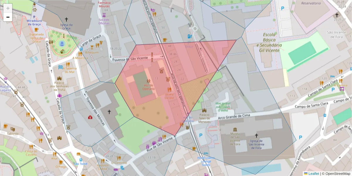 Mapa detalhado do código postal 1100-620 com limites, códigos postais vizinhos e agências dos correios