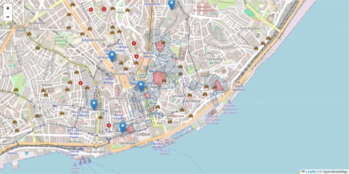 Mapa detalhado do código postal 1100 com limites, códigos postais vizinhos e agências dos correios