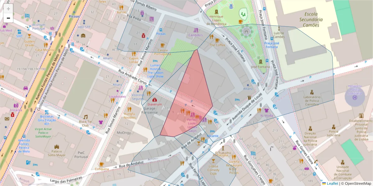 Mapa detalhado do código postal 1150-007 com limites, códigos postais vizinhos e agências dos correios