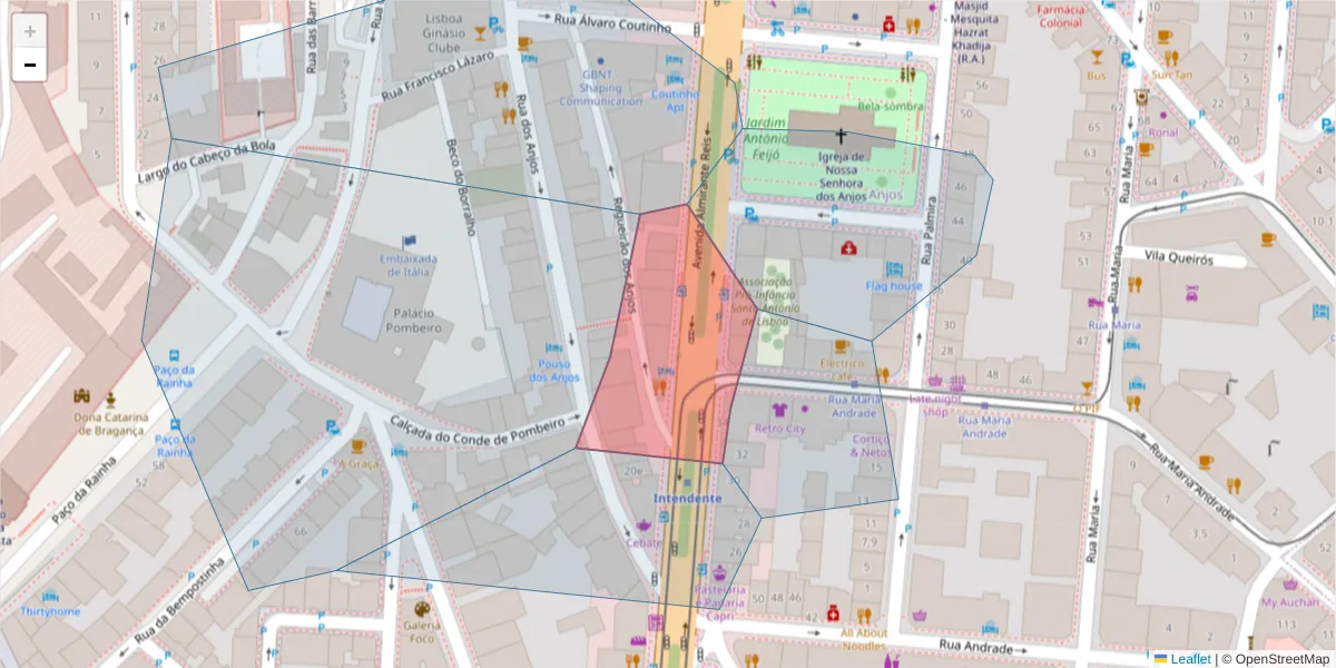 Mapa detalhado do código postal 1150-018 com limites, códigos postais vizinhos e agências dos correios