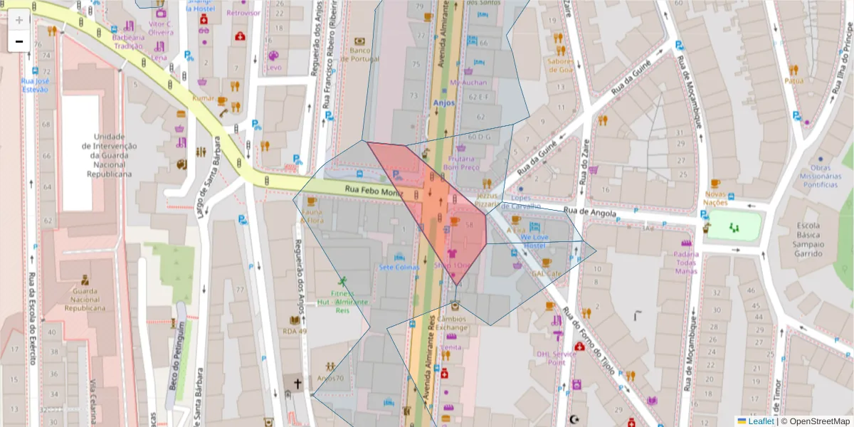 Mapa detalhado do código postal 1150-019 com limites, códigos postais vizinhos e agências dos correios