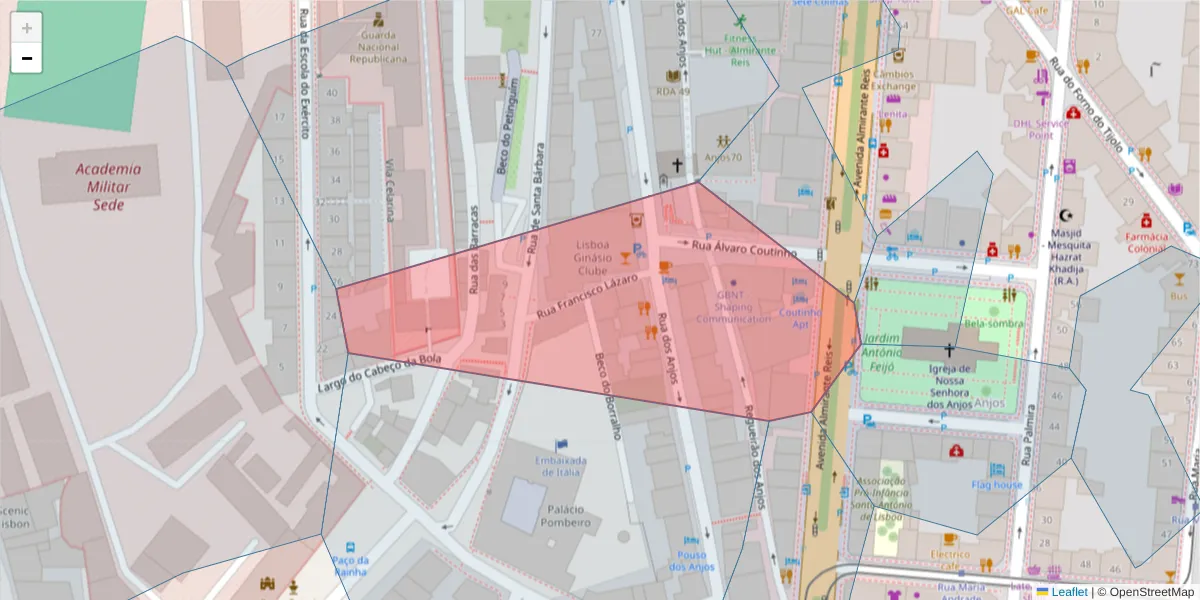 Mapa detalhado do código postal 1150-030 com limites, códigos postais vizinhos e agências dos correios