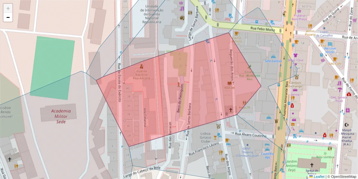 Mapa detalhado do código postal 1150-040 com limites, códigos postais vizinhos e agências dos correios