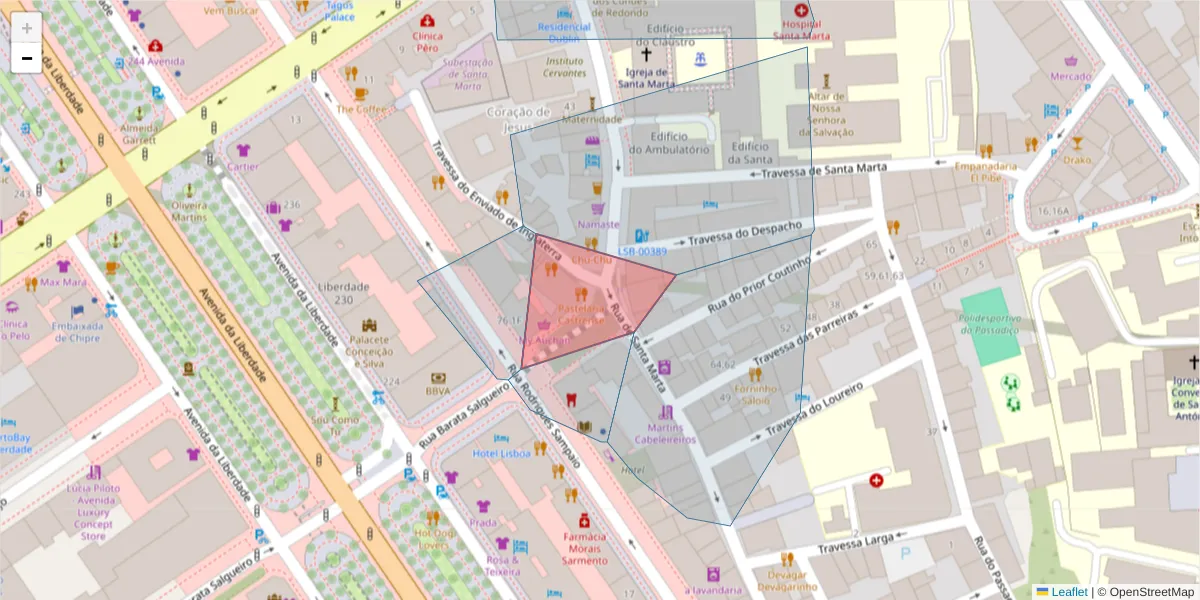 Mapa detalhado do código postal 1150-058 com limites, códigos postais vizinhos e agências dos correios