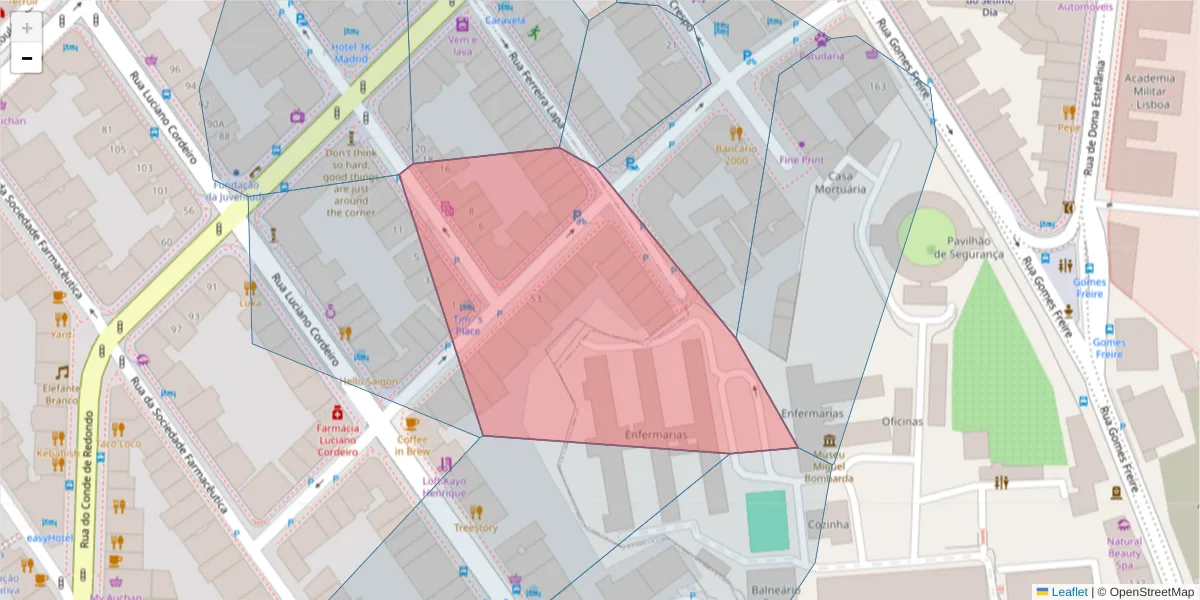 Mapa detalhado do código postal 1150-069 com limites, códigos postais vizinhos e agências dos correios