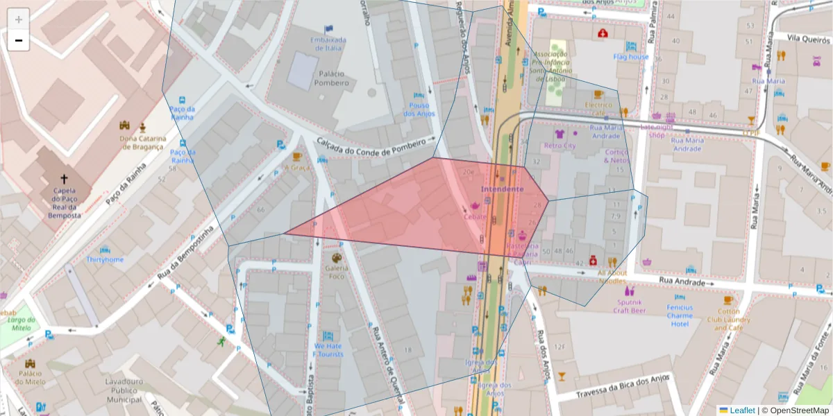 Mapa detalhado do código postal 1150-085 com limites, códigos postais vizinhos e agências dos correios