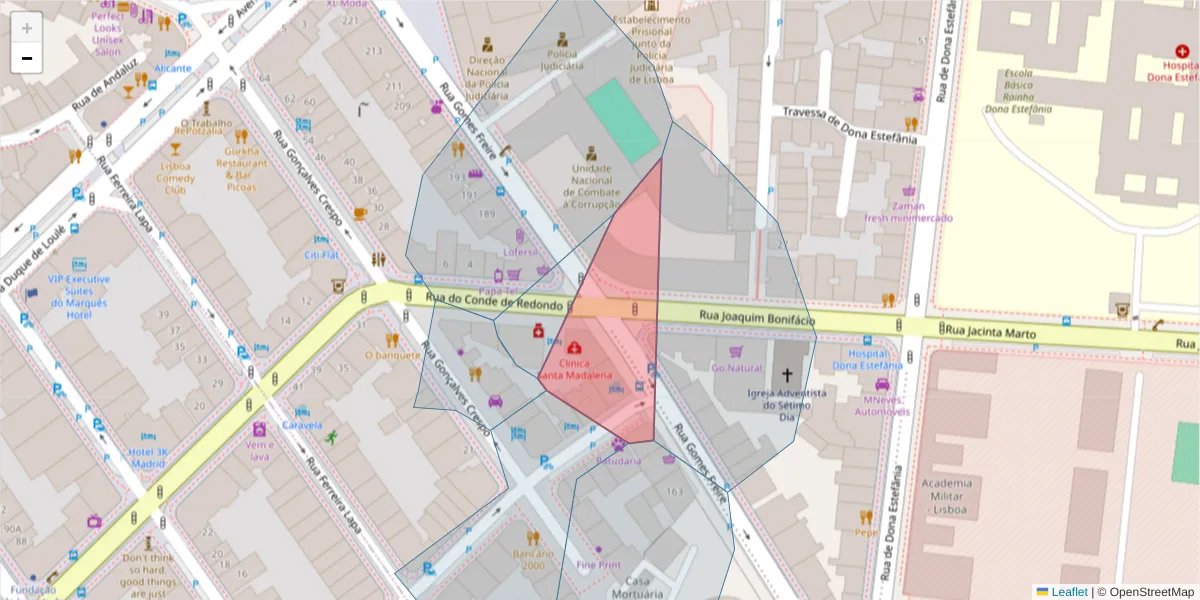Mapa detalhado do código postal 1150-101 com limites, códigos postais vizinhos e agências dos correios