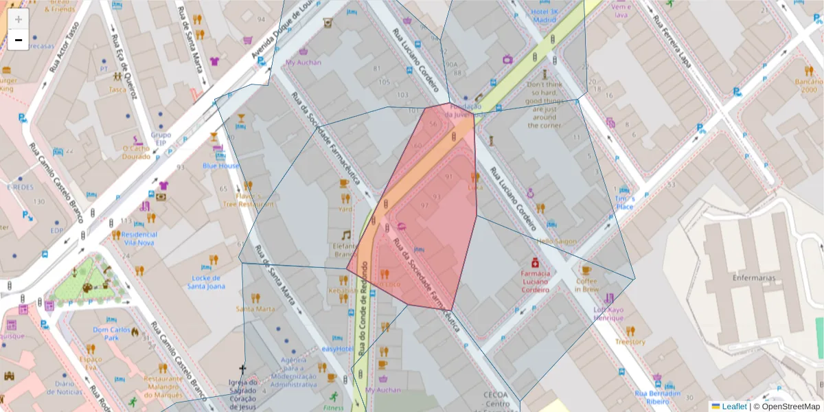 Mapa detalhado do código postal 1150-103 com limites, códigos postais vizinhos e agências dos correios