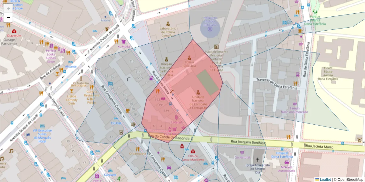 Mapa detalhado do código postal 1150-105 com limites, códigos postais vizinhos e agências dos correios