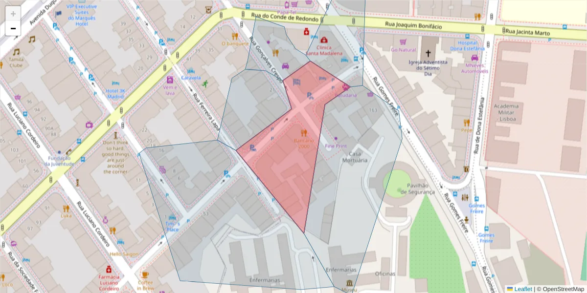 Mapa detalhado do código postal 1150-182 com limites, códigos postais vizinhos e agências dos correios