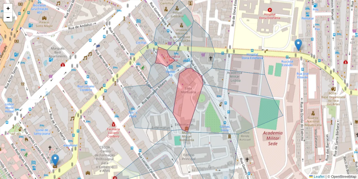 Mapa detalhado do código postal 1150-185 com limites, códigos postais vizinhos e agências dos correios