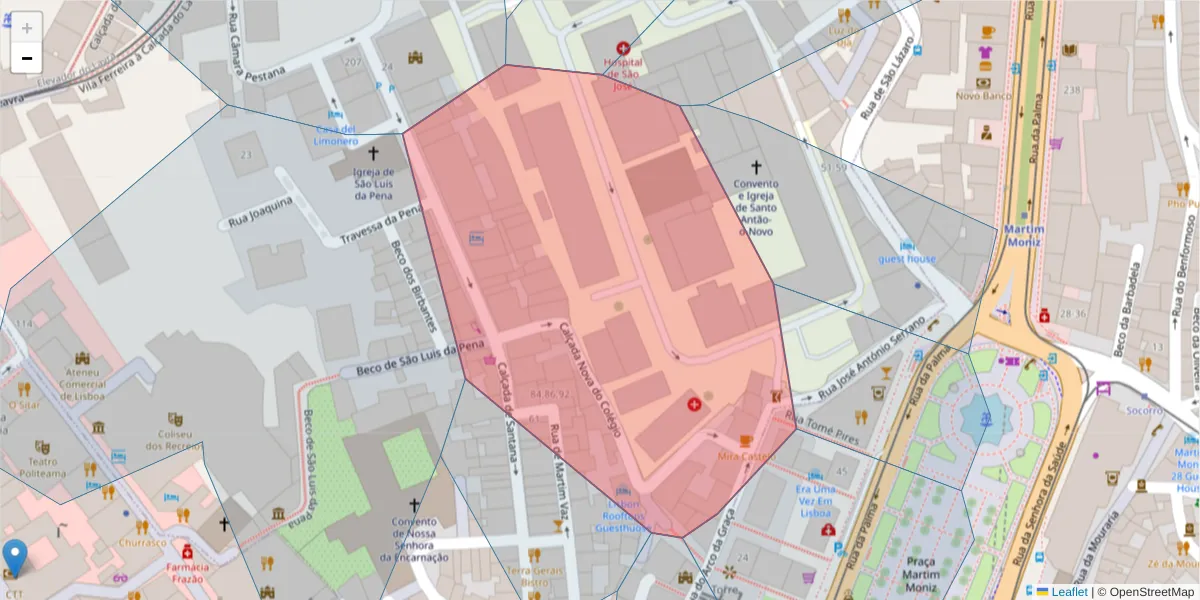 Mapa detalhado do código postal 1150-199 com limites, códigos postais vizinhos e agências dos correios