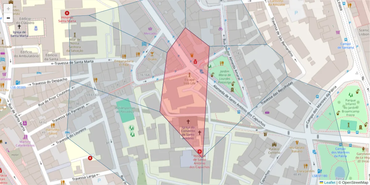 Mapa detalhado do código postal 1150-215 Coração de Jesus com limites, códigos postais vizinhos e agências dos correios