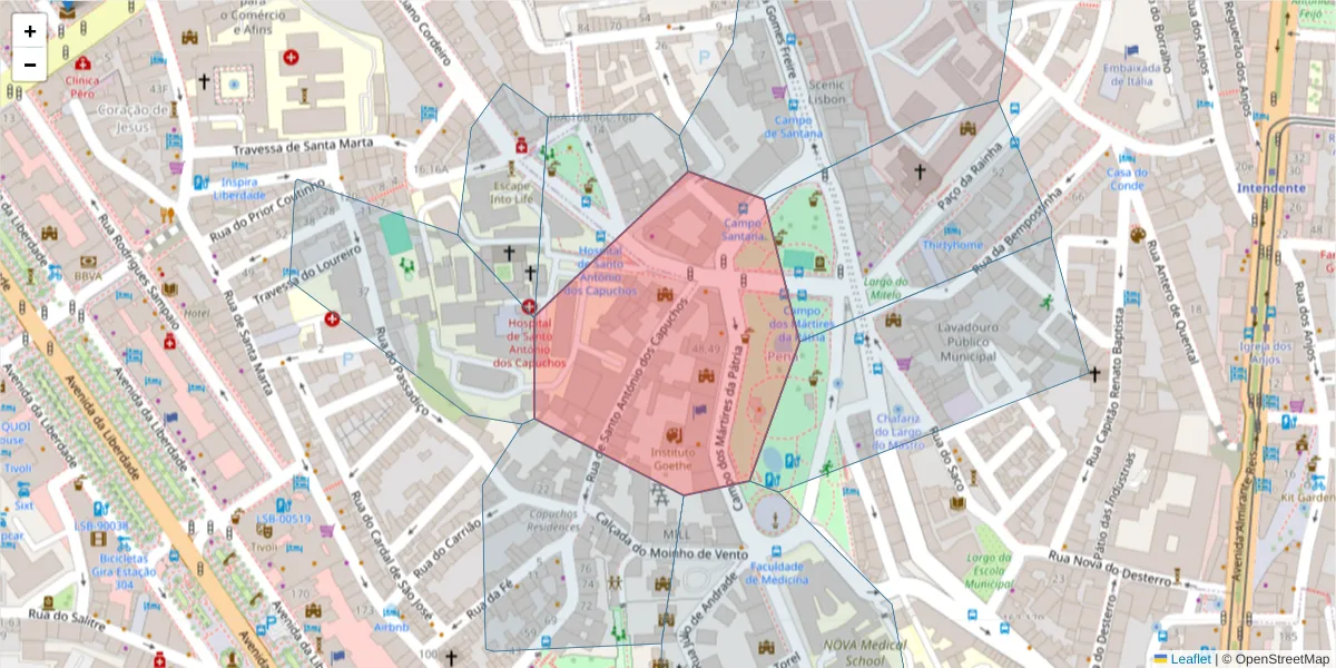 Mapa detalhado do código postal 1150-225 com limites, códigos postais vizinhos e agências dos correios