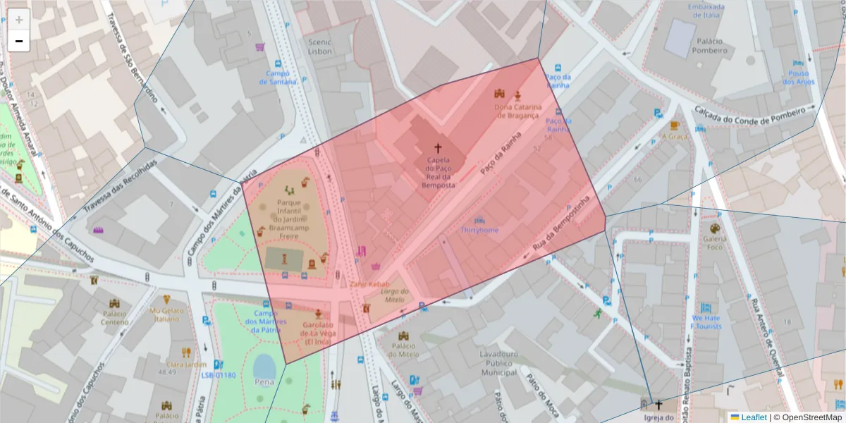 Mapa detalhado do código postal 1150-227 com limites, códigos postais vizinhos e agências dos correios