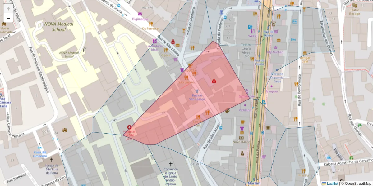 Mapa detalhado do código postal 1150-240 com limites, códigos postais vizinhos e agências dos correios