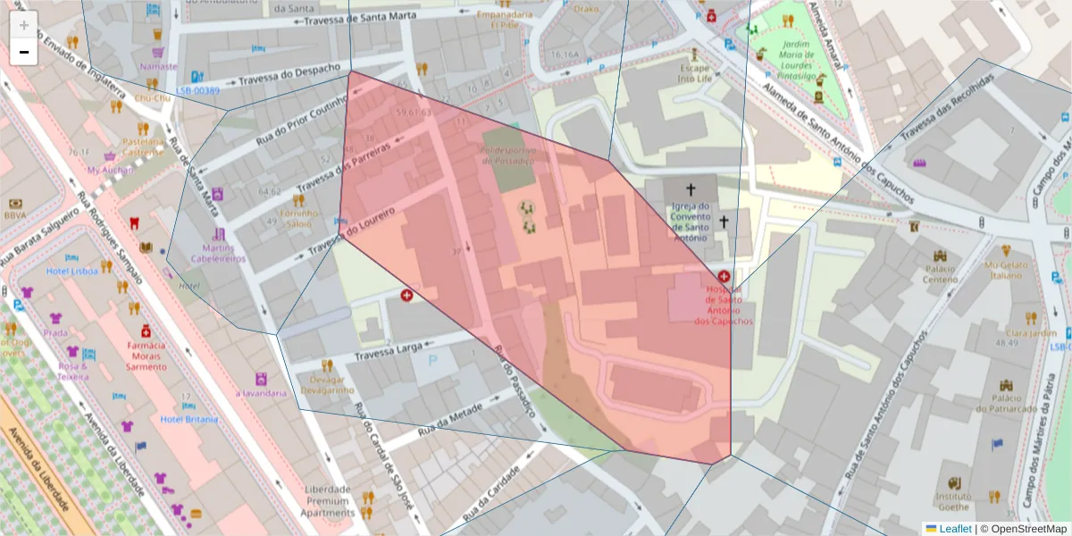 Mapa detalhado do código postal 1150-253 com limites, códigos postais vizinhos e agências dos correios