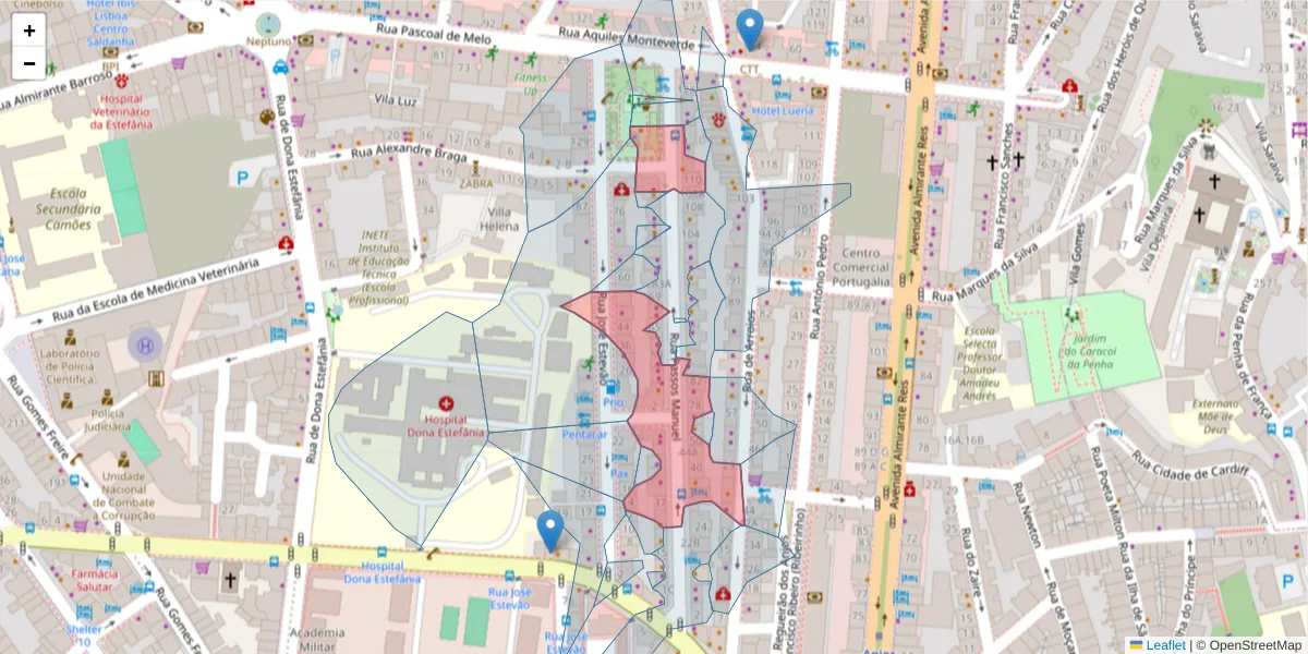 Mapa detalhado do código postal 1150-258 com limites, códigos postais vizinhos e agências dos correios