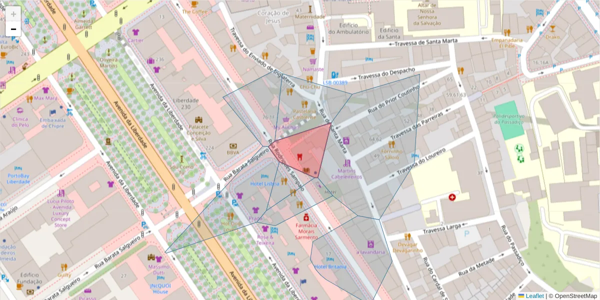 Mapa detalhado do código postal 1150-280 com limites, códigos postais vizinhos e agências dos correios