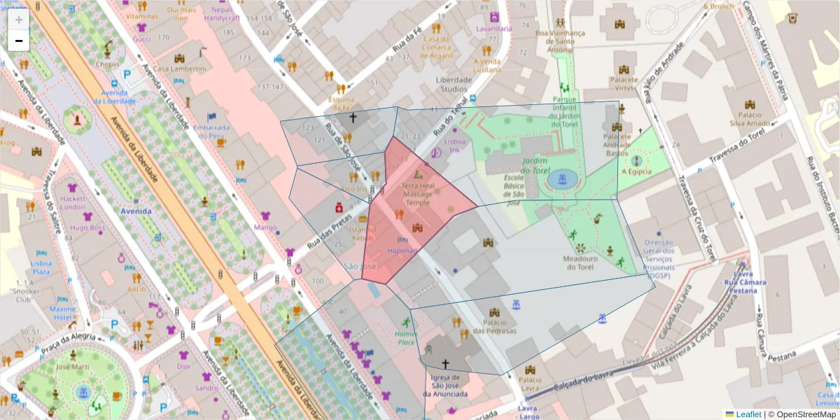 Mapa detalhado do código postal 1150-321 com limites, códigos postais vizinhos e agências dos correios