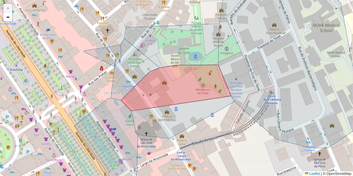 Mapa detalhado do código postal 1150-323 com limites, códigos postais vizinhos e agências dos correios