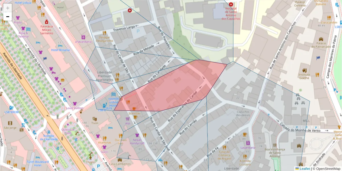 Mapa detalhado do código postal 1150-326 com limites, códigos postais vizinhos e agências dos correios