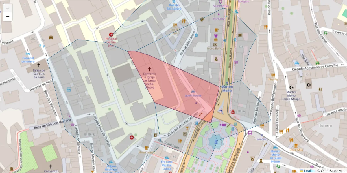 Mapa detalhado do código postal 1150-329 com limites, códigos postais vizinhos e agências dos correios