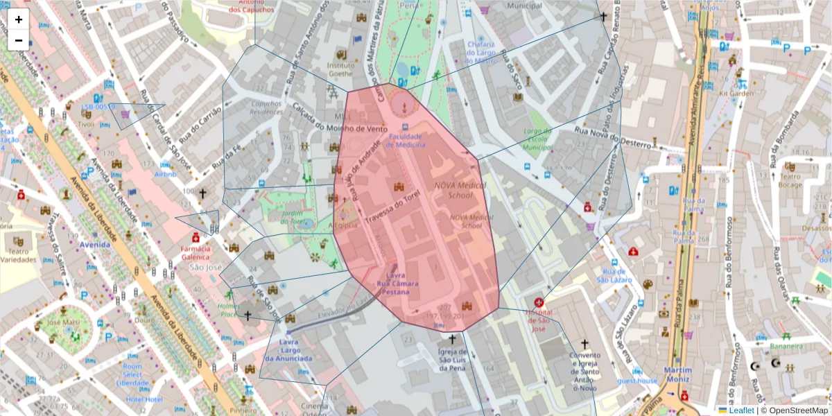 Mapa detalhado do código postal 1150-347 com limites, códigos postais vizinhos e agências dos correios
