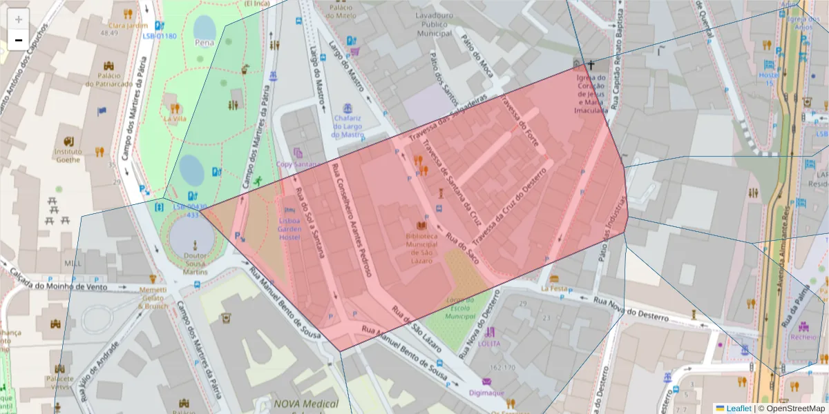 Mapa detalhado do código postal 1169-107 com limites, códigos postais vizinhos e agências dos correios