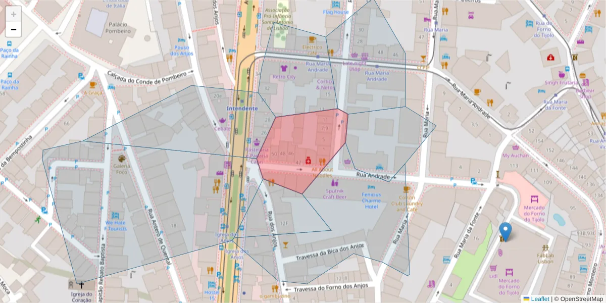 Mapa detalhado do código postal 1170-016 Anjos com limites, códigos postais vizinhos e agências dos correios
