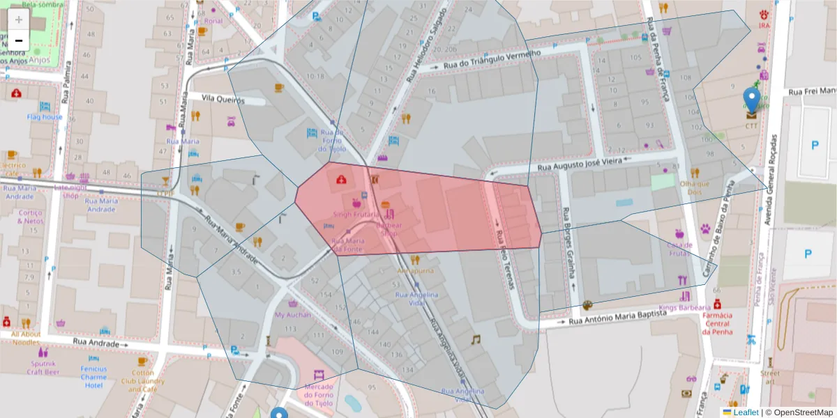 Mapa detalhado do código postal 1170-020 com limites, códigos postais vizinhos e agências dos correios