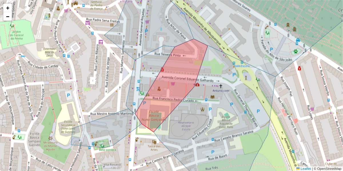Mapa detalhado do código postal 1170-105 com limites, códigos postais vizinhos e agências dos correios