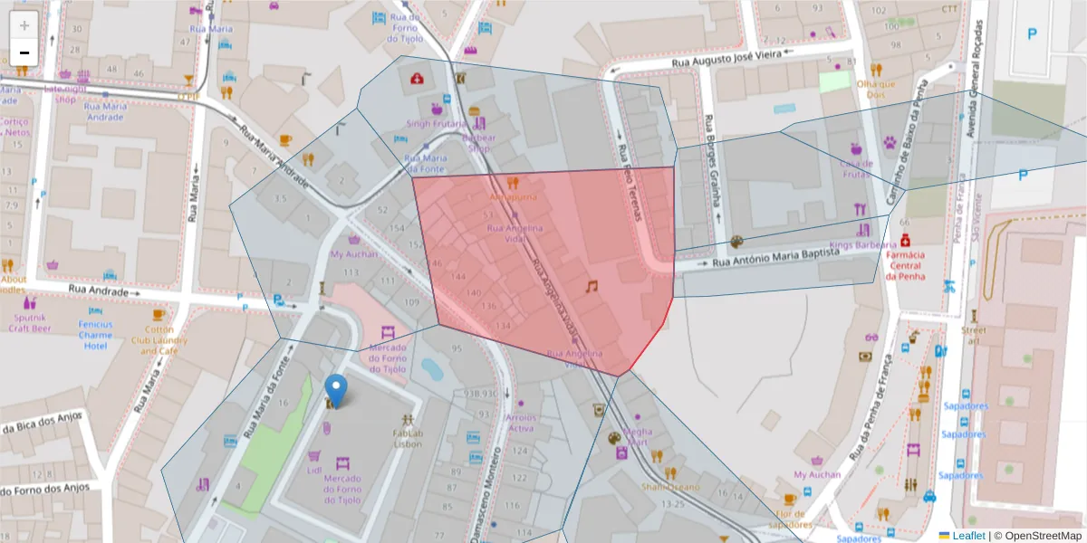Mapa detalhado do código postal 1170-122 com limites, códigos postais vizinhos e agências dos correios