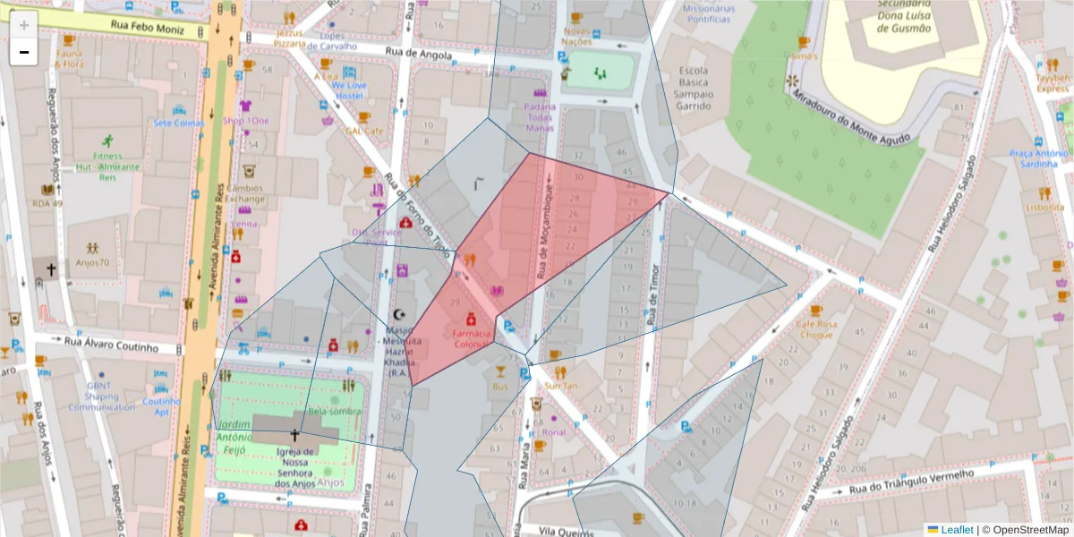 Mapa detalhado do código postal 1170-137 Anjos com limites, códigos postais vizinhos e agências dos correios