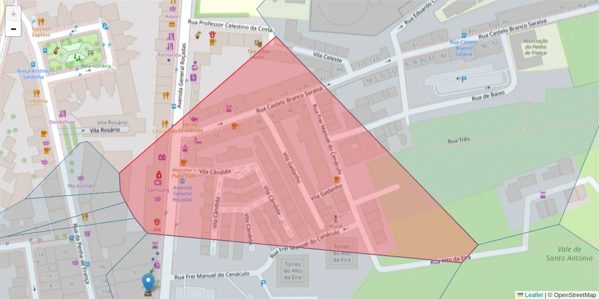 Mapa detalhado do código postal 1170-156 Penha de França com limites, códigos postais vizinhos e agências dos correios