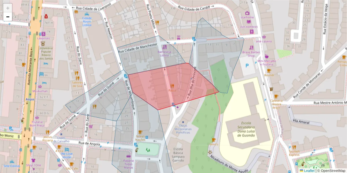 Mapa detalhado do código postal 1170-185 com limites, códigos postais vizinhos e agências dos correios
