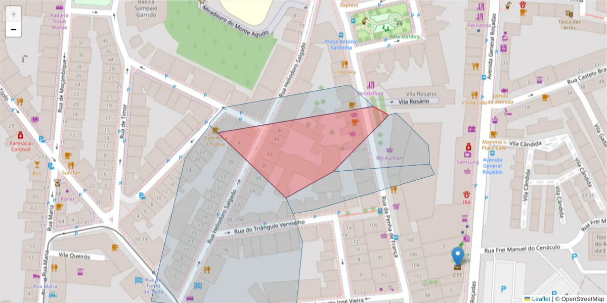 Mapa detalhado do código postal 1170 207 com limites, códigos postais vizinhos e agências dos correios